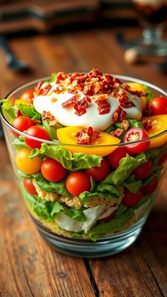 A colorful 8 layer salad with lettuce, tomatoes, cucumbers, bacon, and cheese in a glass bowl.